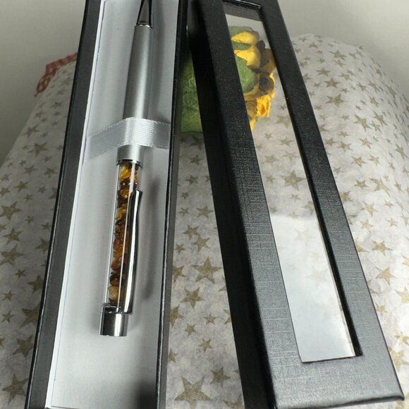 NEW Ball Point Pen with Genuine Amber Chips "Decor" Gift Box - Picture 2 of 5